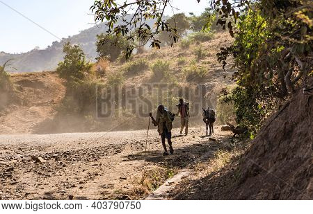Aksum, Ethiopia - Feb 08, 2020: Ethiopian People On The Road From Axum To The Simien Mountains, Nort