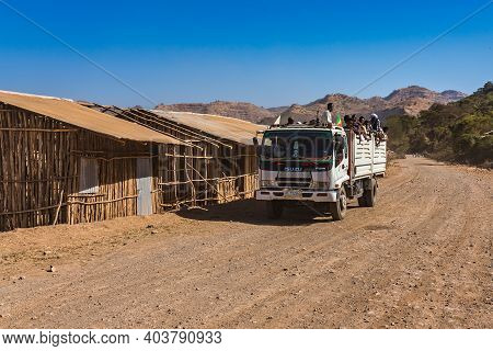 Aksum, Ethiopia - Feb 08, 2020: Ethiopian People On The Road From Axum To The Simien Mountains, Nort