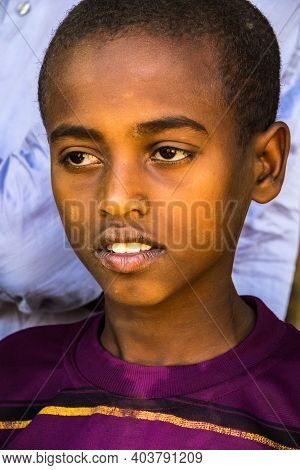 Aksum, Ethiopia - Feb 08, 2020: Ethiopian Boy On The Road From Axum To The Simien Mountains, North E