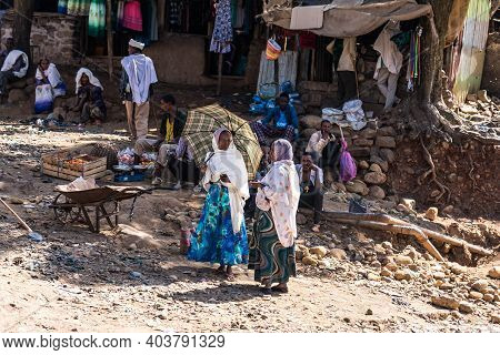 Aksum, Ethiopia - Feb 08, 2020: Ethiopian People On The Road From Axum To The Simien Mountains, Nort