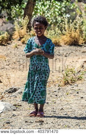 Aksum, Ethiopia - Feb 08, 2020: Ethiopian Girl On The Road From Axum To The Simien Mountains, North 