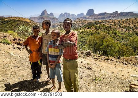 Aksum, Ethiopia - Feb 08, 2020: Ethiopian People On The Road From Axum To The Simien Mountains, Nort