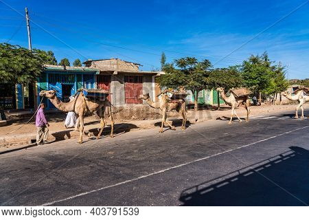 Aksum, Ethiopia - Feb 08, 2020: Ethiopian People On The Road From Axum To The Simien Mountains, Nort