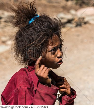 Aksum, Ethiopia - Feb 08, 2020: Ethiopian Girl On The Road From Axum To The Simien Mountains, North 