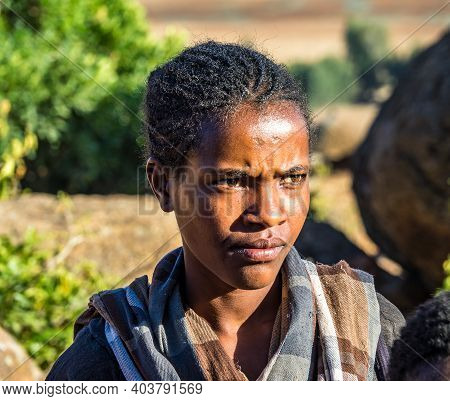 Aksum, Ethiopia - Feb 08, 2020: Ethiopian Girl On The Road From Axum To The Simien Mountains, North 