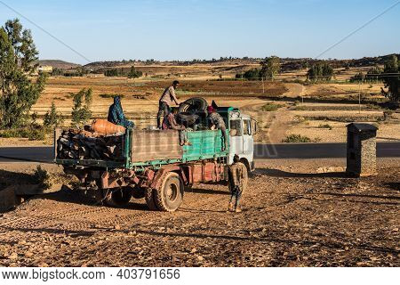 Aksum, Ethiopia - Feb 08, 2020: Ethiopian People On The Road From Axum To The Simien Mountains, Nort