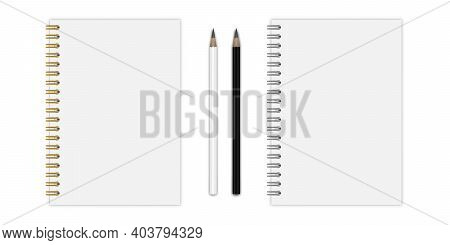 Vector Set Of Notebook Mockup (format: A5), With Gold And Silwer Spiral, Pencils. Eps 10