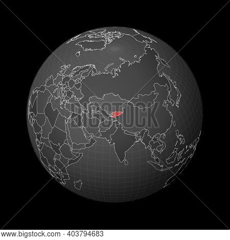 Dark Globe Centered To Kyrgyzstan. Country Highlighted With Red Color On World Map. Satellite World