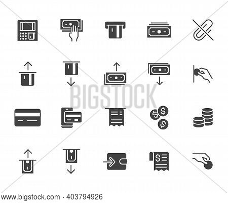 Atm Machine Flat Icon Set. Withdraw Money, Deposit, Hand Taking Cash, Receipt Black Minimal Silhouet