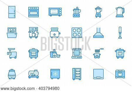 Kitchen Appliance Line Icon Set. Oven, Mixer, Dishwasher, Food Processor, Combi Steamer Minimal Vect