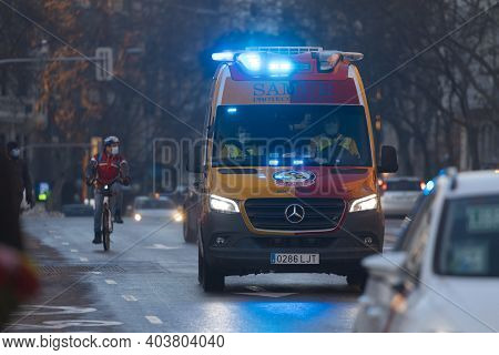 Madrid, Spain - January 17, 2021: An Ambulance Of The Public Health Service, Samur, 112, In Emergenc