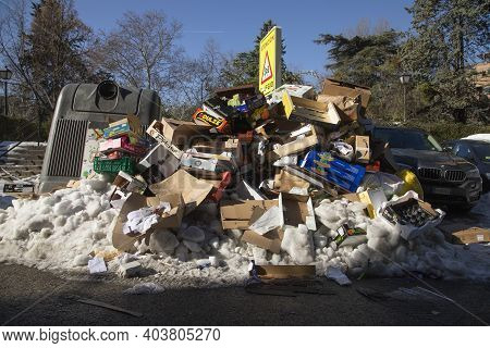 Madrid, Spain - January 10, 2021: Accumulated Garbage, Not Removed For Days By The Public Services O