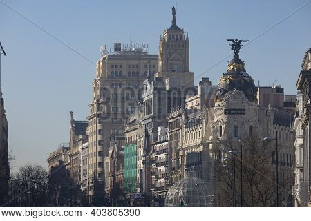 Madrid, Spain - January 17, 2021: General View Of Alcala And Gran Via Streets With The Metropolis Bu