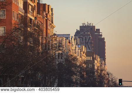 Madrid, Spain - January 17, 2021: General View Of The Rooftops Of Menedez Pelayo Avenue With The Tor