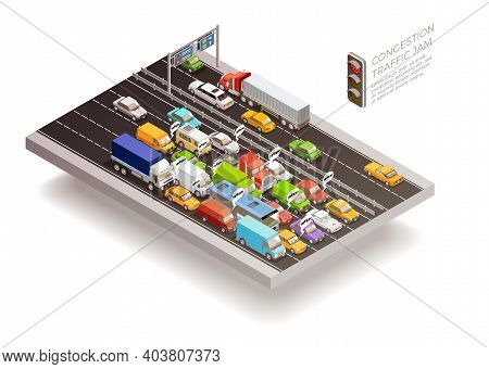 Traffic Jam Isometric Top View Design Concept With Stoplight Cars And Trucks On Multilane Roadway Ve