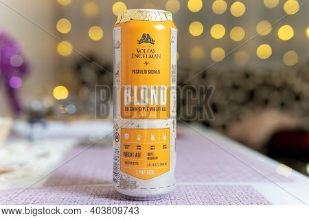 Tyumen, Russia-january 15, 2021: Volfas Engelman Blond Pinta Wheat Ale. Selective Focus