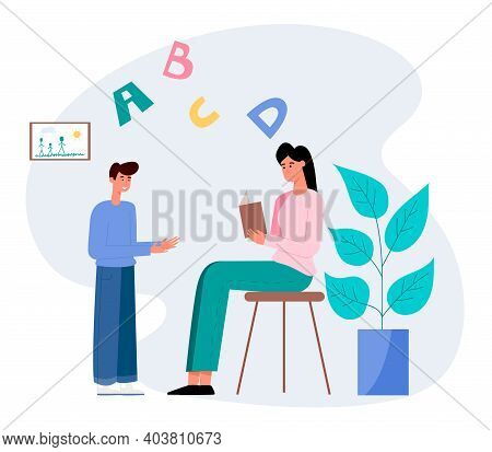 Mother With Son Learning Abc On Home Schooling. Flat Design Illustration. Vector