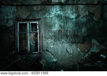 Horror Concept Background. Scary Shabby Old Texture Wall Of Ruined Grunge House And Closed Window Wi