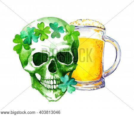 Irish Holiday Symbols Watercolor Illustration - Skull, Lacky Clover Leaves And Beer Mug