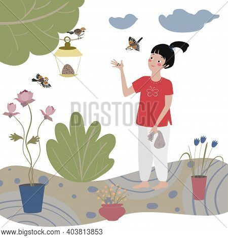 The Girl Feeds The Birds In The Garden. Bird Feeders. Hand Drawn Garden Scene.