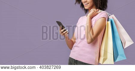 Modern Shopping, Sale, Message About Diskont. Smiling Millennial African American Female Reads In Ph