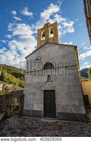 View Of The Church Facade In One Of Empty Stone Streets Of An Abandoned Mountain Village With A Few