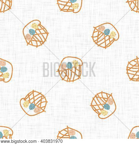 Cute Crayon Scribble Easter Egg Basket Doodle Background. Hand Drawn Earthy Whimsical Motif Seamless