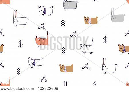 Seamless Pattern, Childish Animals Illustration. Cute Cat, Funny Bear, Rabbit On White. Kawaii Carto