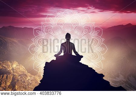 Meditation In Yoga Lotus Position With Mandala. Mindfulness And Self Awereness Practice. Silhiuette 