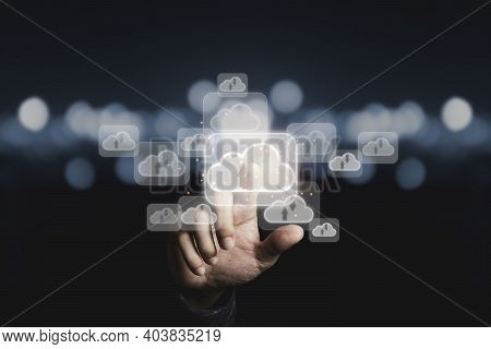 Hand Touching To Virtual Artificial Intelligence With Cloud Technology Transformation And Internet O