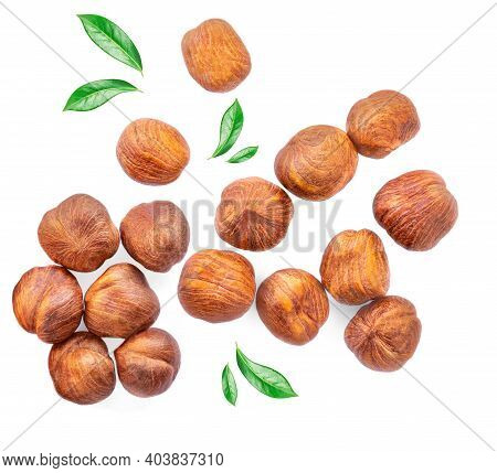 Hazelnuts  With  Green Leaves Isolated  On A White Background. Creative Food Layout. Pattern With Ha