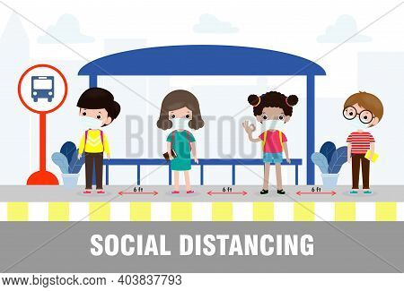 New Normal Lifestyle Concept Back To School, Happy Cute Diverse Kids And Different Nationalities Wea