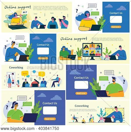 Handsome Businessman And Businesswoman And Man With The Inscription Contact Us. Cartoon Character. S