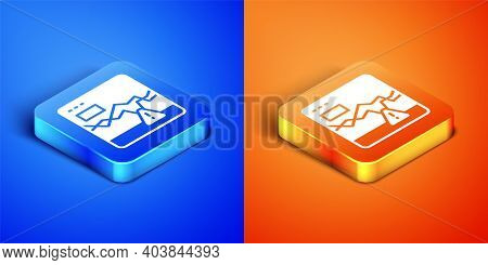 Isometric Website With Failure Stocks Market Icon Isolated On Blue And Orange Background. Monitor Wi