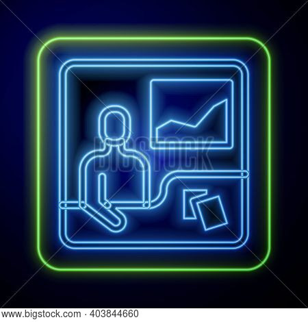Glowing Neon Trading Courses Icon Isolated On Blue Background. Distance Learning Finance Management,