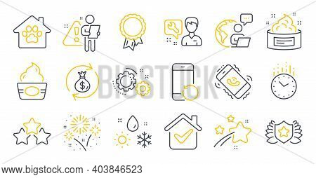 Set Of Business Icons, Such As Time, Repairman, Skin Cream Symbols. Call Center, Fireworks, Ice Crea