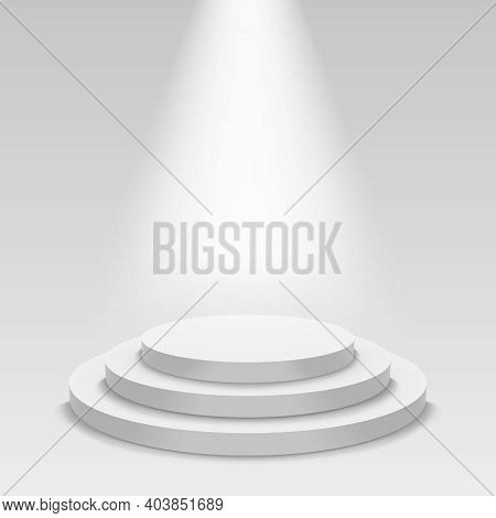 Realistic White Podium. Empty Stage Podium With Spotlight, Round Award Ceremony Pedestal. Winner 3d 