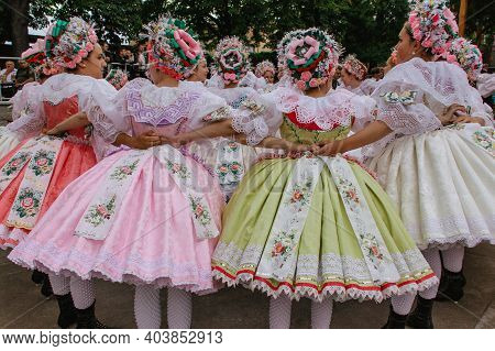 Rakvice, Czech Republic-june 2018. Beautiful Women And Men Dancers In A Celebration.traditional Mora
