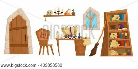 Magic School Concept. Classroom Interior With Open Spell Book And Paper Scroll, Burning Candles, Wit