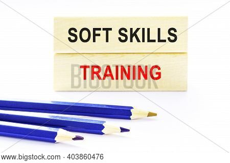 Word Soft Skills Training . Wooden Small Cubes With Letters With Copy Space Available. Business Conc