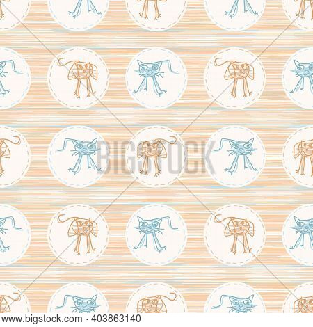Cute Crayon Cat And Dog Scribble Kid Doodle Background. Hand Drawn Earthy Whimsical Motif Seamless P