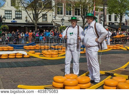 Alkmaar, Netherlands - April 28, 2017: Cheese carriers at traditional cheese market.