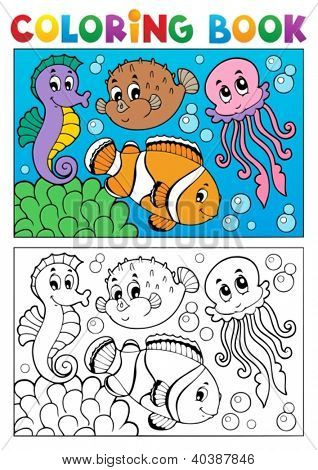 Målarbok med marina djur 4 - vektor illustration.