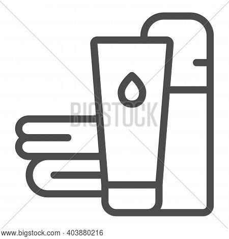 Towel And Sunscreen Line Icon, Waterpark Concept, Beach Accessories Sign On White Background, Beach 