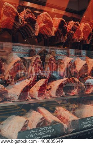 London, Uk - January 01, 2021: Variety Of Fresh Raw Steaks In The Shopfront Of Hampstead Butchers In