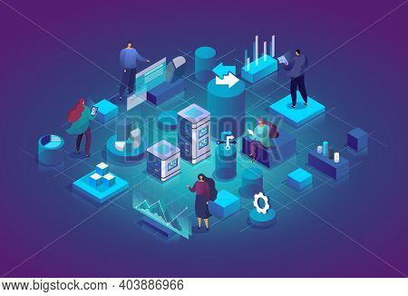 People With Charts And Graphs Interact With Each Other And Analyze Statistics. Software, Web Develop