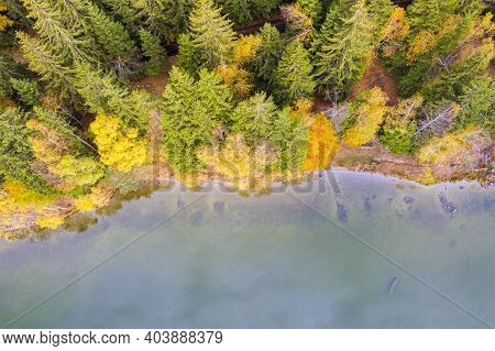 Autumn Forest Edge And Calm Lmountain Lake, Above Viewed. Saint Anne Lake Is The Only One Crater Lak