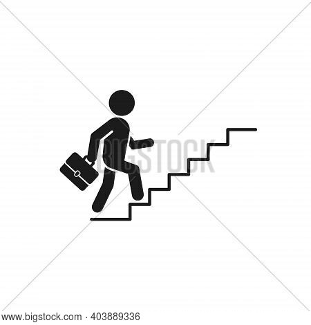 Businessman With Suitcase Climbing The Stairs Icon, Business Success Concept. Flat Style Vector Illu