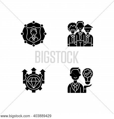 Corporate Values Black Glyph Icons Set On White Space. Employee Accountability. Workplace Diversity.