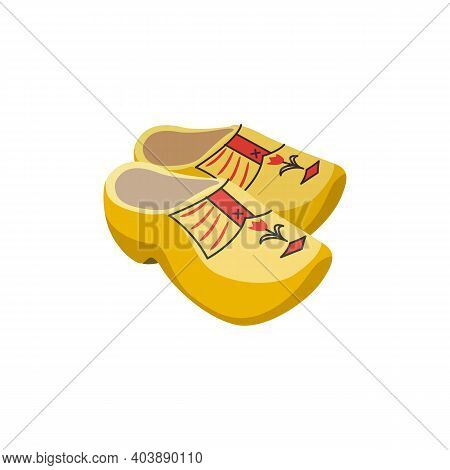Holland Clogs Wooden Shoes With Decoration, Flat Vector Illustration Isolated.